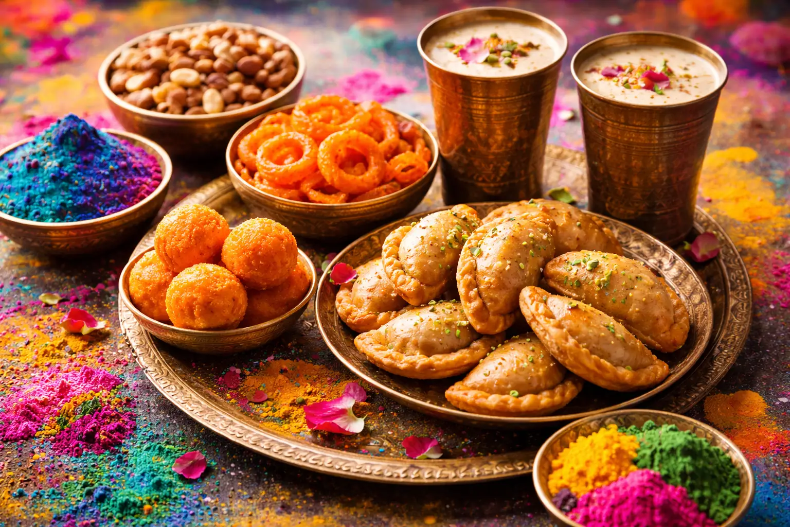 Traditional Holi sweets including gujiya and festive drinks