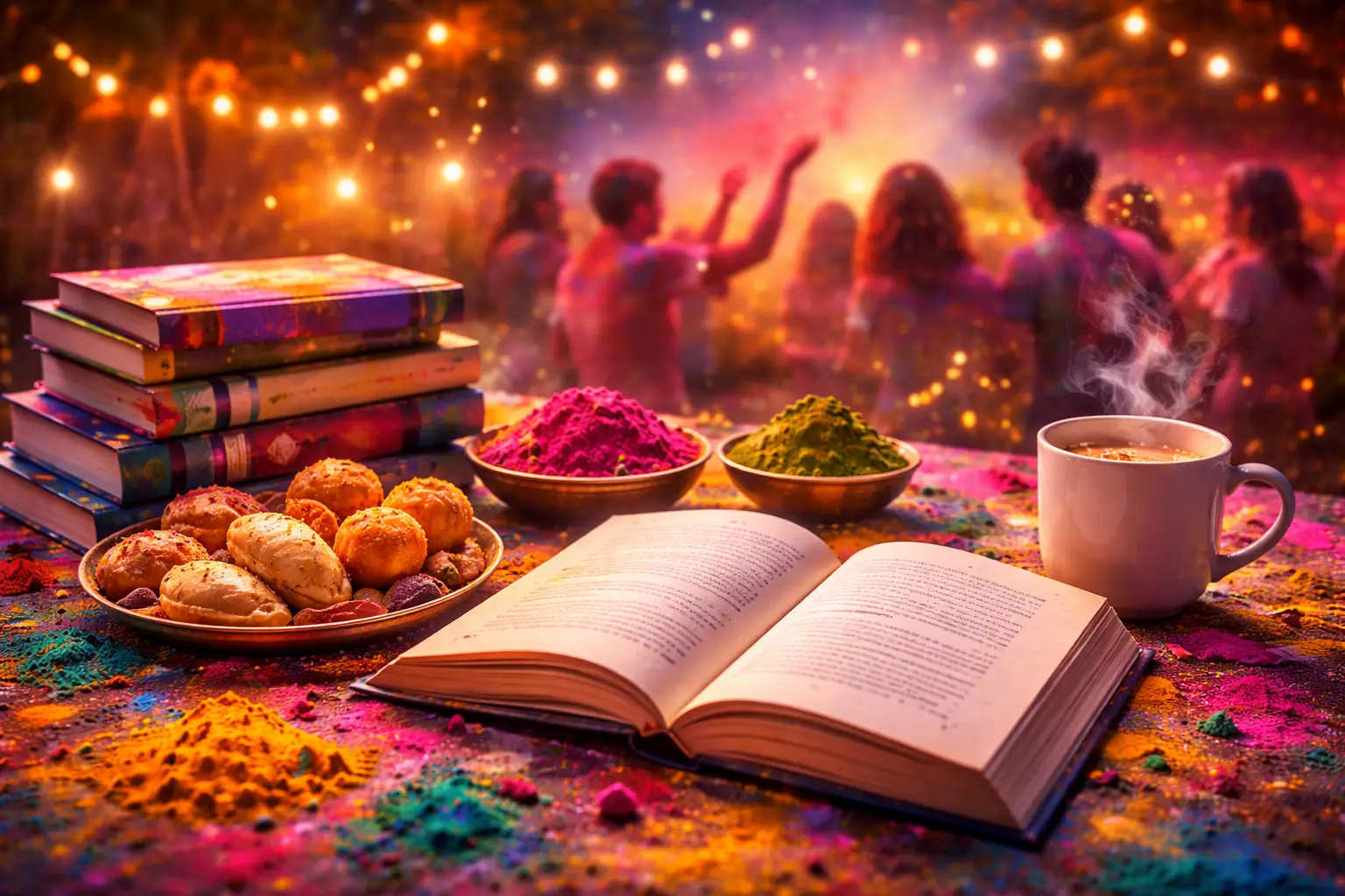 Cozy Holi reading scene with books, sweets and colorful powders